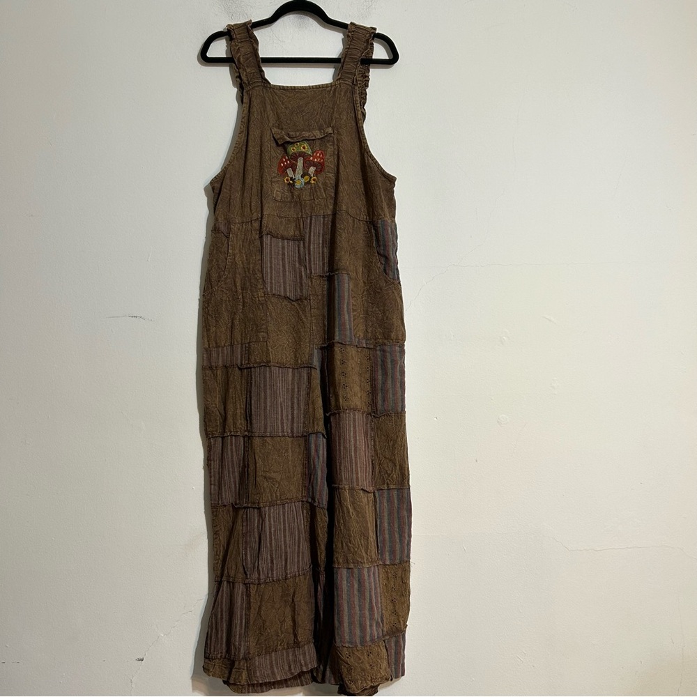 Earthbound Patchwork Eyelet Mushroom Embroidered Overalls Granola Boho Cottage